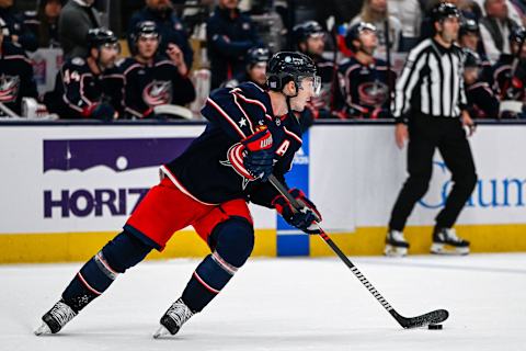 Nov 10, 2022; Columbus, Ohio, USA; Columbus Blue Jackets defenseman Zach Werenski (8) skates with the puck against the Philadelphia Flyers in the first period at Nationwide Arena. Mandatory Credit: Gaelen Morse-USA TODAY Sports