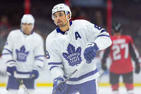 OTTAWA, ON - SEPTEMBER 18: Toronto Maple Leafs defenseman Cody Ceci (83) during waarm-up before National Hockey League preseason action between the Toronto Maple Leafs and Ottawa Senators on September 18, 2019, at Canadian Tire Centre in Ottawa, ON, Canada. (Photo by Richard A. Whittaker/Icon Sportswire via Getty Images)