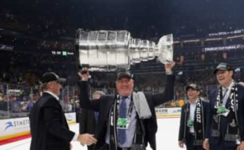 BOSTON, MASSACHUSETTS – JUNE 12: Dave Taylor holds the Stanley Cup following the St. Louis Blues victory over the Boston Bruins at TD Garden on June 12, 2019 in Boston, Massachusetts. (Photo by Bruce Bennett/Getty Images)