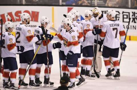 BOSTON, MA – APRIL 8: The Florida Panthers celebrate the win against the Boston Bruins at the TD Garden on April 8, 2018 in Boston, Massachusetts. (Photo by Steve Babineau/NHLI via Getty Images)