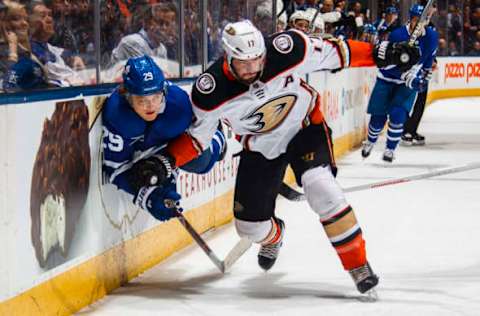 TORONTO, ON – FEBRUARY 5: Ryan Kesler #17 of the Anaheim Ducks checks William Nylander #29 of the Toronto Maple Leafs during the first period at the Air Canada Centre. (Photo by Mark Blinch/NHLI via Getty Images)