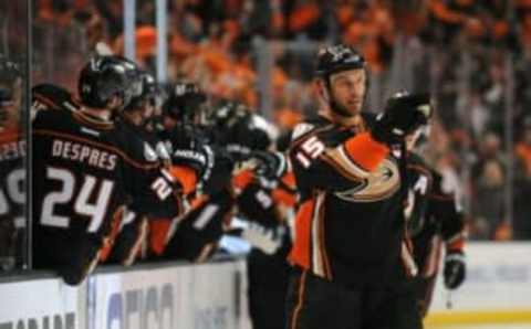 April 15, 2016; Anaheim, CA, USA; Anaheim Ducks center Ryan Getzlaf (15) celebrates his goal scored against Nashville Predators during the first period in game one of the first round of the 2016 Stanley Cup Playoffs at Honda Center. Mandatory Credit: Gary A. Vasquez-USA TODAY Sports