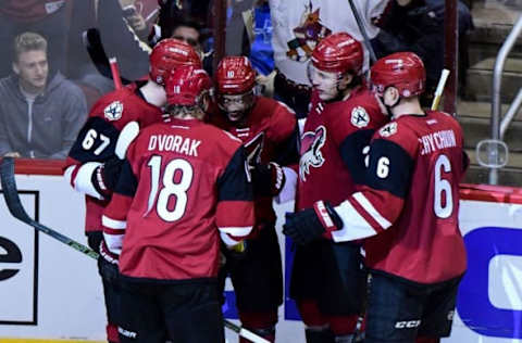 NHL Power Rankings: Arizona Coyotes left wing Anthony Duclair (10) celebrates with left wing Christian Dvorak (18), defenseman Jakob Chychrun (6), left wing Lawson Crouse (67) and defenseman Luke Schenn (2) after scoring a goal in the second period against the New York Rangers at Gila River Arena. Mandatory Credit: Matt Kartozian-USA TODAY Sports