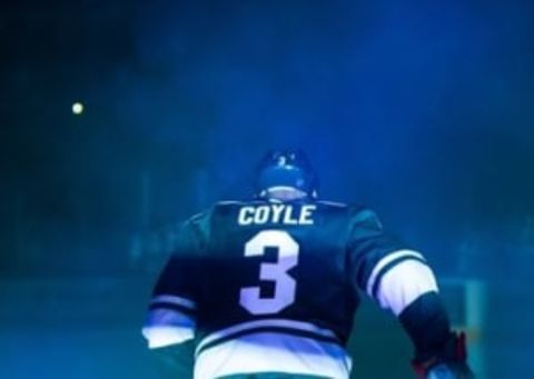 Oct 10, 2015; Saint Paul, MN, USA; Minnesota Wild forward Charlie Coyle (3) is announced before the game against the St Louis Blues at Xcel Energy Center. The Minnesota Wild beat the St Louis Blues 3-2. Mandatory Credit: Brad Rempel-USA TODAY Sports