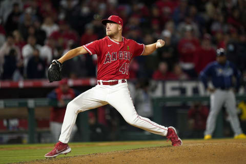 May 10, 2022; Anaheim, California, USA; Los Angeles Angels starting pitcher Reid Detmers (48) delivers a pitch in the ninth inning against the Tampa Bay Rays at Angel Stadium. Mandatory Credit: Kirby Lee-USA TODAY Sports