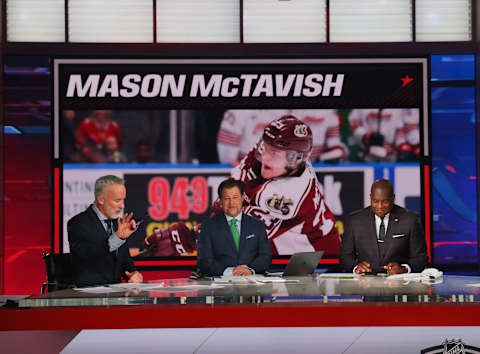 SECAUCUS, NEW JERSEY – JULY 23: With the third pick in the 2021 NHL Entry Draft, the Anaheim Ducks select Mason McTavish during the first round of the 2021 NHL Entry Draft at the NHL Network studios on July 23, 2021 in Secaucus, New Jersey. (Photo by Bruce Bennett/Getty Images)