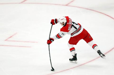 BOSTON, MASSACHUSETTS – MAY 09: Lucas Wallmark #71 of the Carolina Hurricanes shoots the puck during the first period against the Boston Bruins in Game One of the Eastern Conference Final during the 2019 NHL Stanley Cup Playoffs at TD Garden on May 09, 2019 in Boston, Massachusetts. (Photo by Adam Glanzman/Getty Images)