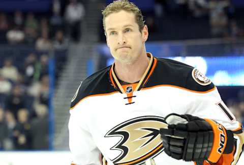 Feb 8, 2015; Tampa, FL, USA; Anaheim Ducks right wing Tim Jackman (18) skates on the ice prior to the game against the Tampa Bay Lightning at Amalie Arena. Mandatory Credit: Kim Klement-USA TODAY Sports