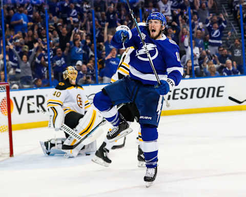 TAMPA, FL – MAY 6: J.T. Miller #10 of the Tampa Bay Lightning against the Boston Bruins during Game Five of the Eastern Conference Second Round during the 2018 NHL Stanley Cup Playoffs at Amalie Arena on May 6, 2018 in Tampa, Florida. (Photo by Mark LoMoglio/NHLI via Getty Images)”n