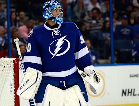 Oct 15, 2015; Tampa, FL, USA; Tampa Bay Lightning goalie Ben Bishop (30) against the Dallas Stars during the first period at Amalie Arena. Mandatory Credit: Kim Klement-USA TODAY Sports