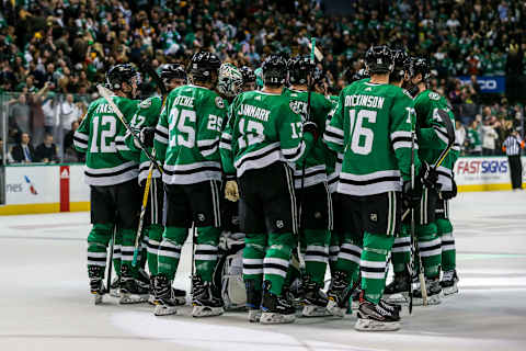 DALLAS, TX – FEBRUARY 09: The Dallas Stars celebrate winning the game after a shoot-out between the Dallas Stars and the Pittsburgh Penguins on February 9, 2018 at the American Airlines Center in Dallas, Texas. Dallas defeats Pittsburgh 4-3 in a shoot-out. (Photo by Matthew Pearce/Icon Sportswire via Getty Images)