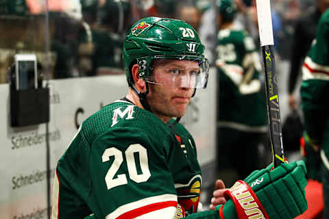 ST. PAUL, MN – JANUARY 09: Minnesota Wild defenseman Ryan Suter (20) looks on from the bench after the Wild lost in overtime during the Western Conference game between the Calgary Flames and the Minnesota Wild on January 9, 2018 at Xcel Energy Center in St. Paul, Minnesota. The Flames defeated the Wild 3-2 in overtime. (Photo by David Berding/Icon Sportswire via Getty Images)