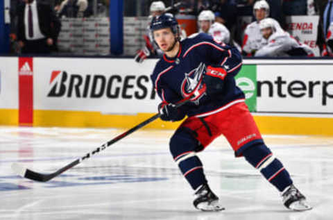 COLUMBUS, OH – APRIL 17: Artemi Panarin #9 of the Columbus Blue Jackets skates in Game Three of the Eastern Conference First Round against the Washington Capitals during the 2018 NHL Stanley Cup Playoffs at Nationwide Arena in Columbus, Ohio. (Photo by Jamie Sabau/NHLI via Getty Images) *** Local Caption *** Artemi Panarin