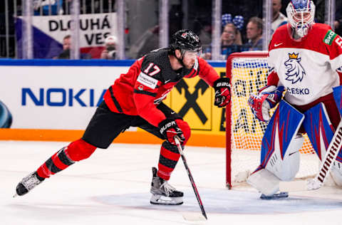 TAMPERE, FINLAND - MAY 28: Adam Lowry of Canada in action during the 2022 IIHF Ice Hockey World Championship match between Canada and Czech Republic at Nokia Arena on May 28, 2022 in Tampere, Finland. (Photo by Jari Pestelacci/Eurasia Sport Images/Getty Images)