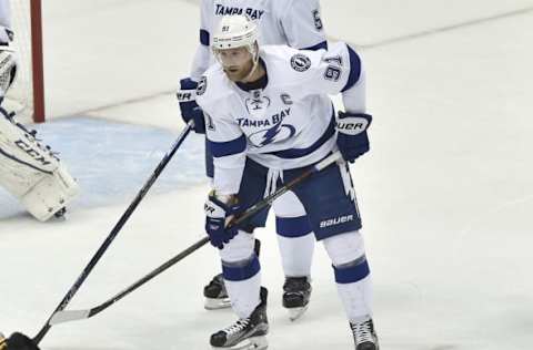 May 26, 2016; Pittsburgh, PA, USA; Tampa Bay Lightning center Steven Stamkos (91) waits for the face-off against the Pittsburgh Penguins during the first period in game seven of the Eastern Conference Final of the 2016 Stanley Cup Playoffs at Consol Energy Center. Mandatory Credit: Don Wright-USA TODAY Sports