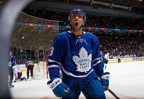 TORONTO, ON – JANUARY 23: Nazem Kadri #43 of the Toronto Maple Leafs celebrates his goal during the first period against the Washington Capitals at the Scotiabank Arena on January 23, 2019 in Toronto, Ontario, Canada. (Photo by Mark Blinch/NHLI via Getty Images)