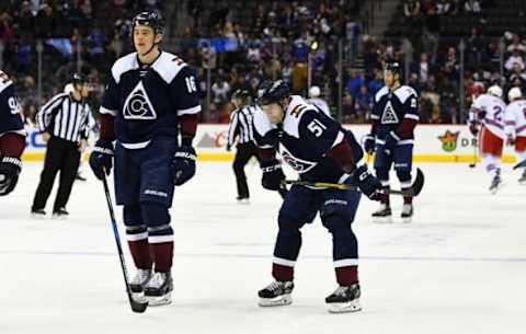 NHL Power Rankings: Colorado Avalanche defenseman Nikita Zadorov (16) and defenseman Fedor Tyutin (51) react following the loss to the New York Rangers at the Pepsi Center. The Rangers defeated the Avalanche 6-2. Mandatory Credit: Ron Chenoy-USA TODAY Sports