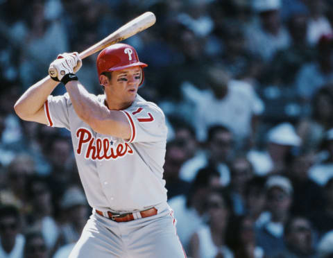 Scott Rolen #17, Third baseman for the Philadelphia Phillies prepares to bat during the Major League Baseball National League East game against the Chicago Cubs on 25 June 1999 at Wrigley Field, Chicago, United States. Phillies won the game 3 – 2. (Photo by Tom Hauck/Getty Images)