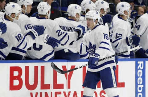 Nov 3, 2016; Buffalo, NY, USA; Toronto Maple Leafs center Mitchell Marner (16) celebrates a goal during the second period against the Buffalo Sabres at KeyBank Center. Mandatory Credit: Timothy T. Ludwig-USA TODAY Sports