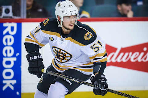 Mar 15, 2017; Calgary, Alberta, CAN; Boston Bruins center Ryan Spooner (51) skates during the warmup period against the Calgary Flames at Scotiabank Saddledome. Mandatory Credit: Sergei Belski-USA TODAY Sports