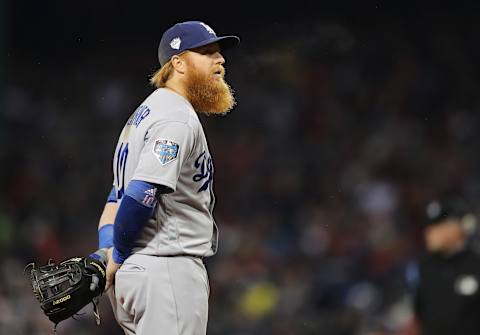 BOSTON, MA – OCTOBER 23: Justin Turrner #10 of the Los Angeles Dodgers reacts during the fifth inning against the Boston Red Sox in Game One of the 2018 World Series at Fenway Park on October 23, 2018 in Boston, Massachusetts. (Photo by Elsa/Getty Images)