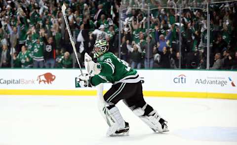 DALLAS, TEXAS – APRIL 22: Ben Bishop #30 of the Dallas Stars celebrates the game winning goal in overtime of Game Six of the Western Conference First Round during the 2019 Stanley Cup Playoffs at American Airlines Center on April 22, 2019 in Dallas, Texas. The Stars beat the Nashville Predators to advance to the next round of the 2019 Stanley Cup Playoffs (Photo by Ronald Martinez/Getty Images)