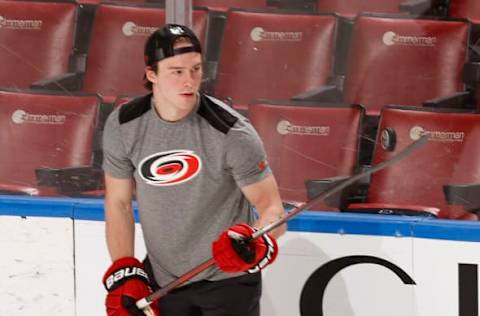 SUNRISE, FL – NOVEMBER 6: Andrei Svechnikov #37 of the Carolina Hurricanes warms up prior to the game against the Florida Panthers at the FLA Live Arena on November 6, 2021, in Sunrise, Florida. (Photo by Joel Auerbach/Getty Images)