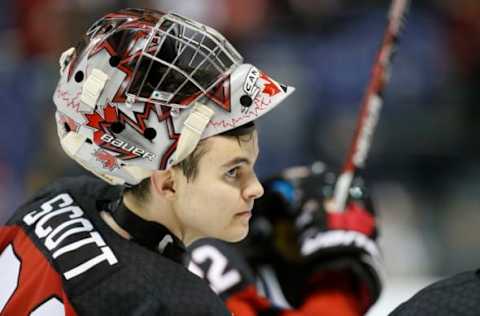 VICTORIA , BC – DECEMBER 21: Ian Scott #31 of Team Canada skates to the bench following a game versus Team Slovakia at the IIHF World Junior Championships at the Save-on-Foods Memorial Centre on December 21, 2018 in Victoria, British Columbia, Canada. (Photo by Kevin Light/Getty Images)