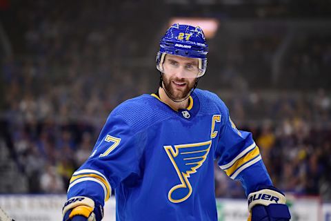 St. Louis Blues defenseman Alex Pietrangelo (27) looks on. Mandatory Credit: Jeff Curry-USA TODAY Sports