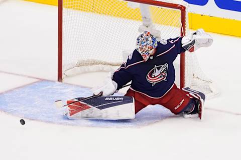 Elvis Merzlikins #90 of the Columbus Blue Jackets. (Photo by Andre Ringuette/Freestyle Photo/Getty Images)