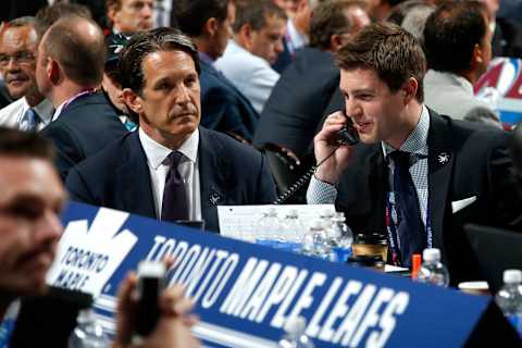 SUNRISE, FL – JUNE 26: Toronto Maple Leafs president Brendan Shanahan, left, and assistant general manager Kyle Dubas at the 2015 NHL Draft at BB&T Center on June 26 in Sunrise, Fla.