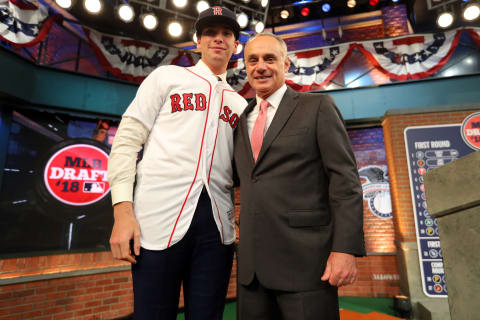 SECAUCUS, NJ – JUNE : Triston Casas poses for a photo with Major League Baseball Commissioner Robert D. Manfred Jr. after being selected 26th overall by the Boston Red Sox during the 2018 Major League Baseball Draft at Studio 42 at the MLB Network on Monday, June 4, 2018, in Secaucus, New Jersey. (Photo by Alex Trautwig/MLB Photos via Getty Images)