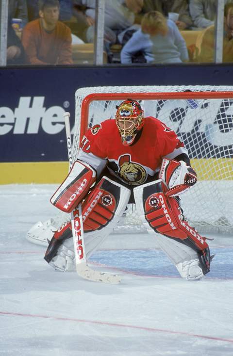 5 Oct 2000: Goalie Patrick Lalime #40 of the Ottawa Senators moves to stop the puck during a game against the Boston Bruins at the Fleet Center in Boston, Massachusetts. The Senators tied the Bruins 4-4.Mandatory Credit: Steve Babineau /Allsport