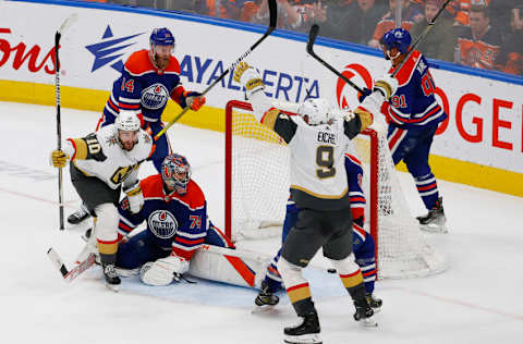 Mar 25, 2023; Edmonton, Alberta, CAN; The Vegas Golden Knights celebrate a goal by forward Nicolas Roy (10) during overtime against the Edmonton Oilers at Rogers Place. Mandatory Credit: Perry Nelson-USA TODAY Sports