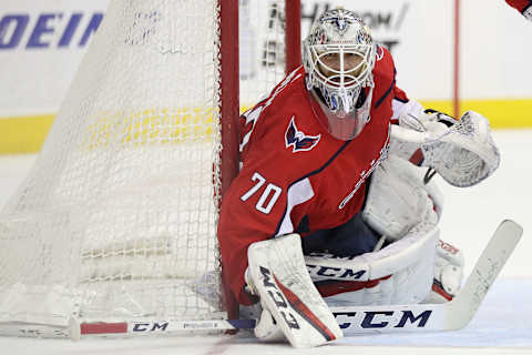 WASHINGTON, DC – APRIL 04: Goalie Braden Holtby #70 of the Washington Capitals tends the net against the Montreal Canadiens during the third period at Capital One Arena on April 04, 2019 in Washington, DC. (Photo by Patrick Smith/Getty Images)