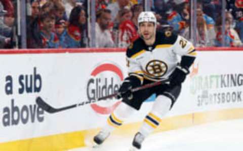 SUNRISE, FL – APRIL 28: Garnet Hathaway #21 of the Boston Bruins circles behind the Florida Panthers net in Game Six of the First Round of the 2023 Stanley Cup Playoffs at the FLA Live Arena on April 28, 2023, in Sunrise, Florida. (Photo by Joel Auerbach/Getty Images)