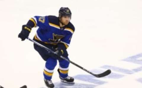 Apr 21, 2016; St. Louis, MO, USA; St. Louis Blues left wing Jaden Schwartz (17) in action during game five of the first round of the 2016 Stanley Cup Playoffs against the Chicago Blackhawks at Scottrade Center. The Blackhawks won the game 4-3 in double overtime. Mandatory Credit: Billy Hurst-USA TODAY Sports