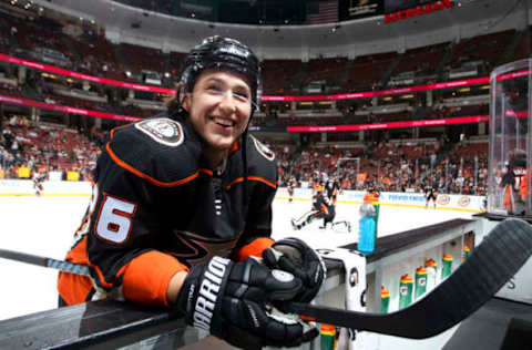 ANAHEIM, CA – APRIL 1: Brandon Montour #26 of the Anaheim Ducks smiles while chatting with a person on the bench during warm-up before the game before the game against the Colorado Avalanche at Honda Center on April 1, 2018, in Anaheim, California. (Photo by Debora Robinson/NHLI via Getty Images)