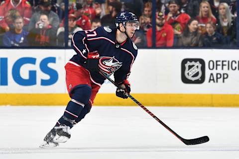 COLUMBUS, OH – FEBRUARY 24: Cam Atkinson #13 of the Columbus Blue Jackets skates against the Chicago Blackhawks on February 24, 2018 at Nationwide Arena in Columbus, Ohio. (Photo by Jamie Sabau/NHLI via Getty Images)