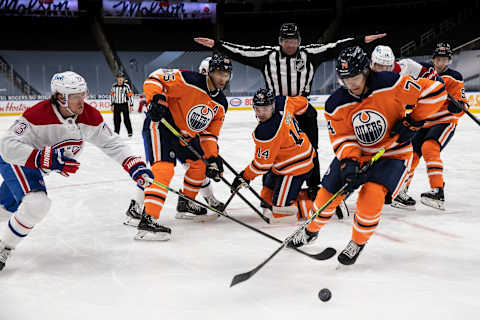 Ethan Bear #74 of the Edmonton Oilers. (Photo by Codie McLachlan/Getty Images)