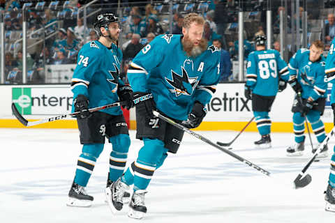 SAN JOSE, CA – APRIL 16: Joe Thornton #19 of the San Jose Sharks skates during warmups prior to Game Three of the Western Conference First Round against the Anaheim Ducks during the 2018 NHL Stanley Cup Playoffs at SAP Center on April 16, 2018 in San Jose, California. (Photo by Scott Dinn/NHLI via Getty Images)