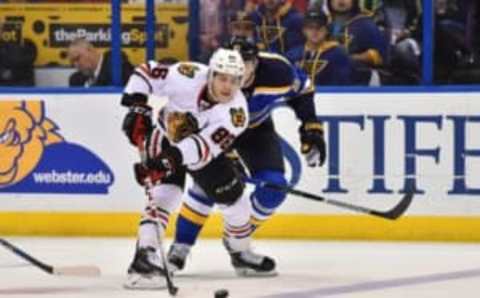 Apr 25, 2016; St. Louis, MO, USA; Chicago Blackhawks left wing Teuvo Teravainen (86) skates away from St. Louis Blues center Patrik Berglund (21) during the first period in game seven of the first round of the 2016 Stanley Cup Playoffs at Scottrade Center. Mandatory Credit: Jasen Vinlove-USA TODAY Sports