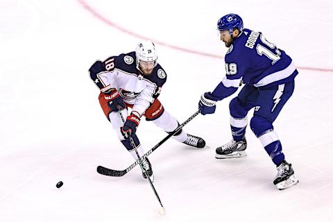 Pierre-Luc Dubois #18 of the Columbus Blue Jackets. (Photo by Elsa/Getty Images)