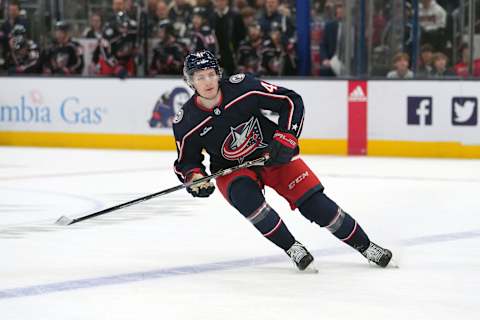 Apr 2, 2023; Columbus, Ohio, USA; Columbus Blue Jackets center Hunter McKown (41) skates during the first period against the Ottawa Senators at Nationwide Arena. Mandatory Credit: Jason Mowry-USA TODAY Sports