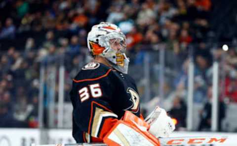 ANAHEIM, CALIFORNIA – MARCH 21: John Gibson #36 of the Anaheim Ducks in the third period at Honda Center on March 21, 2023, in Anaheim, California. (Photo by Ronald Martinez/Getty Images)