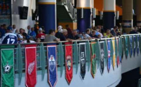 Jun 24, 2016; Buffalo, NY, USA; A general view as fans look over a railing with various NHL team banners before the first round of the 2016 NHL Draft at the First Niagra Center. Mandatory Credit: Jerry Lai-USA TODAY Sports