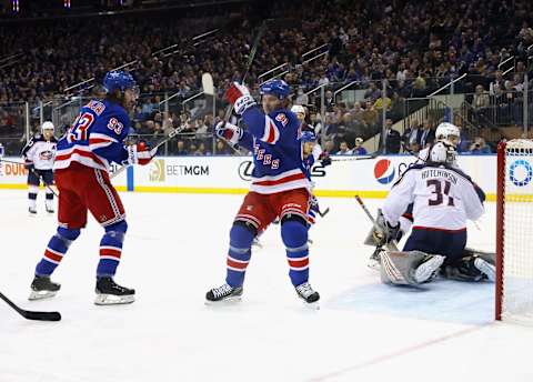 NEW YORK, NEW YORK – MARCH 28: Vladimir Tarasenko #91 of the New York Rangers celebrates his first-period goal against the Columbus Blue Jackets at Madison Square Garden on March 28, 2023, in New York City. (Photo by Bruce Bennett/Getty Images)