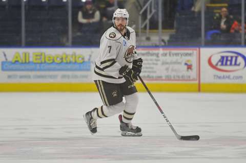 BRIDGEPORT, CT – JANUARY 21: Connor Hobbs #7 of the Hershey Bears looks to pass during a game against the Bridgeport Sound Tigers at Webster Bank Arena on January 21, 2019 in Bridgeport, Connecticut. (Photo by Gregory Vasil/Getty Images)