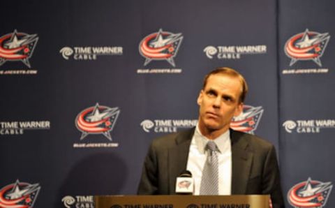 COLUMBUS, OH – DECEMBER 28: Columbus Blue Jackets General Manager Scott Howson ponders a question from a reporter during a press conference announcing the trading of Jason Chimera to the Washington Capitals on December 28, 2009 at Nationwide Arena in Columbus, Ohio. (Photo by Jamie Sabau/NHLI via Getty Images)