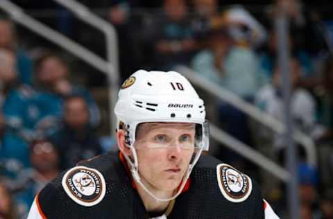 SAN JOSE, CA – APRIL 16: Corey Perry #10 of the Anaheim Ducks looks on during the game against the San Jose Sharks in Game Three of the Western Conference First Round during the 2018 NHL Stanley Cup Playoffs at SAP Center on April 16, 2018, in San Jose, California. (Photo by Rocky W. Widner/NHL/Getty Images) *** Local Caption *** Corey Perry